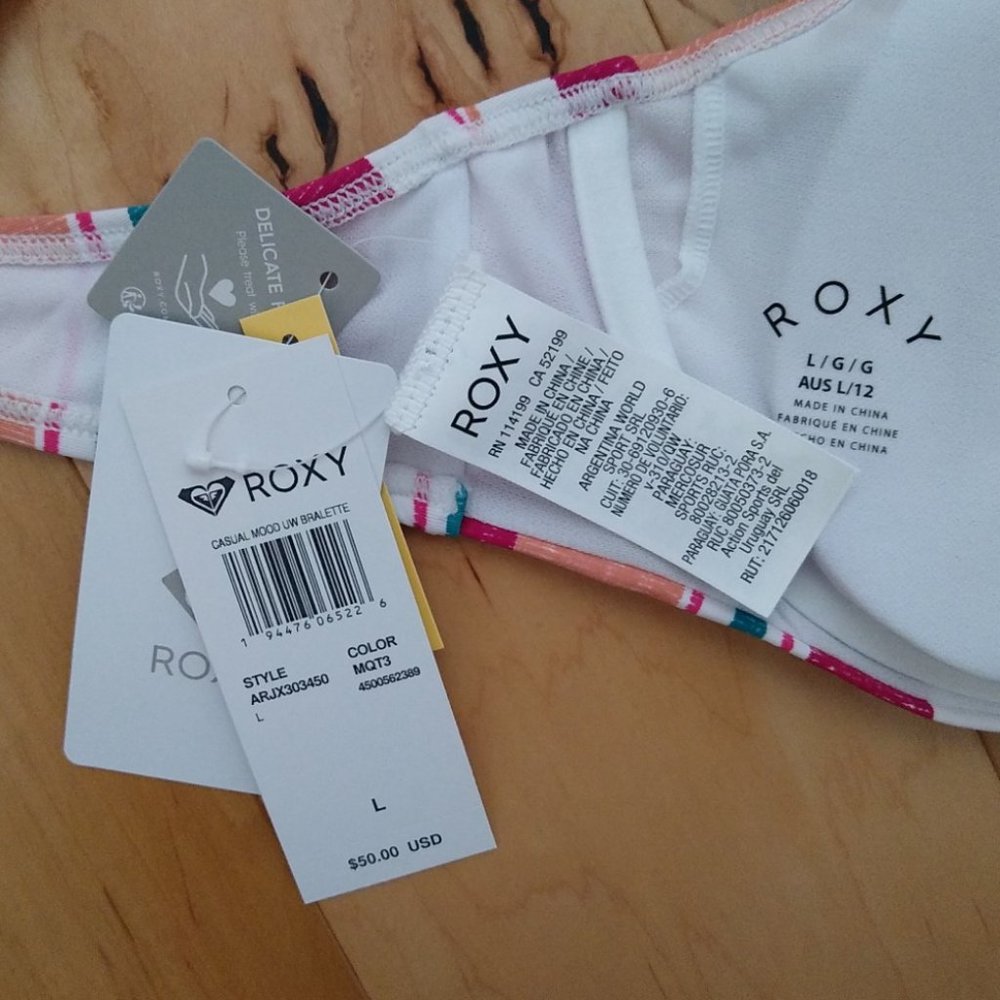 Roxy Striped Bikini Top in Pink, Peach, Teal & White - Picture 3 of 6